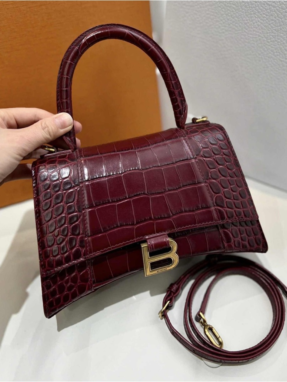 Burgundy Croc-Embossed Top Handle Bag with Gold 'B' Accent